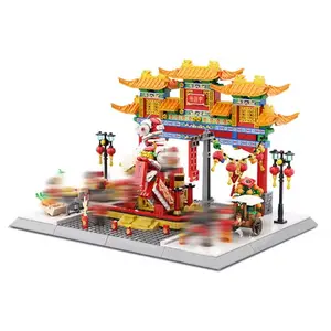 Mini bloques Chinatown Greater China Lion Dance Año Nuevo Festival de primavera Templo Feria Escenario Escena callejera Juegos de bloques de construcción