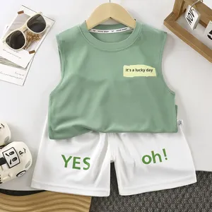 Nuovo Completo Estivo per Bambini in Cotone Piqué, Canotta e Pantaloncini, Stile Coreano Sportivo con <span class=keywords><strong>Motivo</strong></span> a Lettere, Due Pezzi - Product Image 2