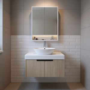 Mueble de Baño Moderno de 30 Pulgadas con Lavabo de Cerámica, Montado en la Pared, Puerta con Cierre Suave, Espejo Incluido, Acabado en Madera Clara - Product Image 2