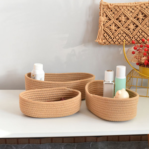 Woven <b>Baskets</b> Oval Cotton Yarn Storage <b>Basket</b> For Cosmetics Keys Snacks Desktop Organizer Foldable Stackable Brown Gray White - Product Image 1
