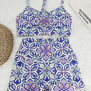 Set Fitness da donna in 2 pezzi con fiori <span class=keywords><strong>blu</strong></span> per ragazze - Product Image 6