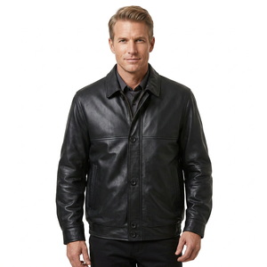 Veste en cuir véritable noire pour homme, style bomber décontracté, col chemise, fermeture à boutons et à glissière, en cuir de vachette, classique, chaud pour l'hiver - Product Image 1