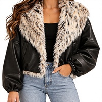 Blouson aviateur en cuir noir pour femme avec col en fausse fourrure, coupe courte, manteau d'hiver