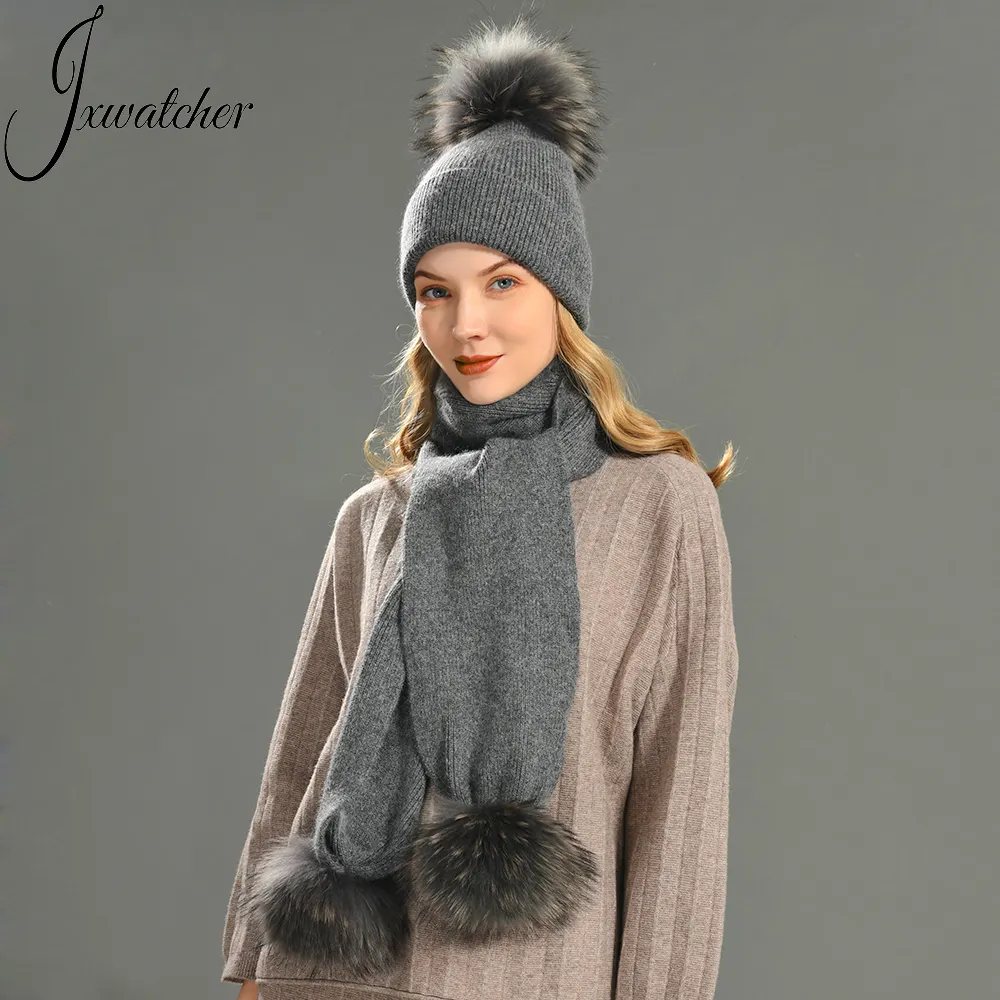 2022 New Fashion Unisex Hat and Scarf Set Women Plush Beanie Hat Scarf Set Accessories Real Fur Pom Pom Winter Beanie Scarf