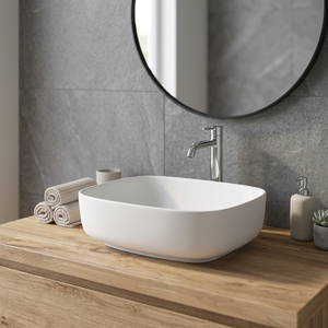 Évier de table rectangulaire blanc moderne Lavabo de salle de bains Évier de lavabo de comptoir en pierre de céramique et marbre - Product Image 1