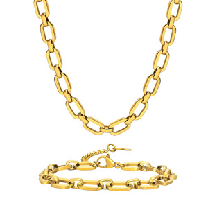 Ensemble collier et bracelet en chaîne trombone |   Chaîne ovale en acier inoxydable plaqué or 18K PVD |   Imperméable Hypoallergénique - Product Image 1