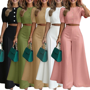 Ensemble deux pièces pour femme : haut court à manches courtes boutonné devant et pantalon <span class=keywords><strong>taille</strong></span> <span class=keywords><strong>haute</strong></span> à jambes larges – Personnalisable pour usage quotidien, vente en gros, OEM, ODM - Product Image 1