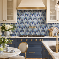 Mural Mosaik Kaca Daun Biru Kustom, Seni Dinding Dekoratif untuk Dapur, Hotel, Vila, Spa, Dinding Latar Belakang