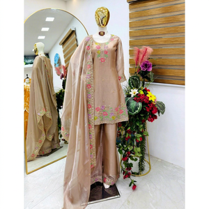 Ensemble Salwar Kameez Choli traditionnel indien brodé de fleurs beiges, vêtements ethniques pour femmes, tenue cousue en 3 pièces pour mariage XXL - Product Image 1