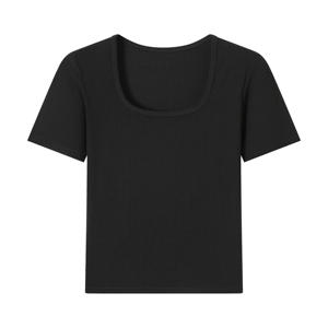 T-Shirt à manches courtes coupe ajustée pour femmes haut nouveau Style nombril exposé couleur unie élastique large bord cou respirant tricoté tissu - Product Image 1