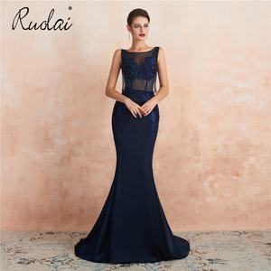 Ruolai ASA24357 barato Sexy azul marino con lentejuelas 3D flores borla rebordear transparente <span class=keywords><strong>fiesta</strong></span> Formal vestido <span class=keywords><strong>de</strong></span> noche <span class=keywords><strong>Vestidos</strong></span> largos - Product Image 1