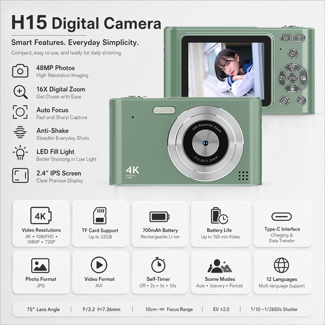 H15 HA Budget 48MP Autofocus Camera 4K UHD 16X Zoom 2.4 Inch IPS Screen Student Vlogging Camcorder Device for Education Market