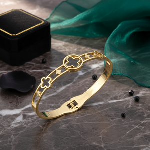 Gold Plated Stainless Steel Black <b>Clover</b> Tennis <b>Bracelet</b> Fashion Bangle - Product Image 3