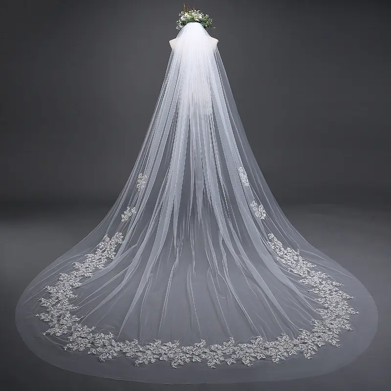 Fiore netto applique velo da sposa fiori vestito da cerimonia nuziale di trascinamento lungo Avorio One-Strato di velo della sposa