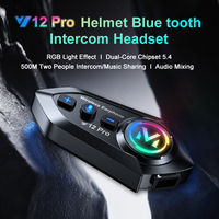 Interphone sans fil Y12 PRO BT, partage de musique, intercom pour casque de moto 500m avec effet lumineux RGB