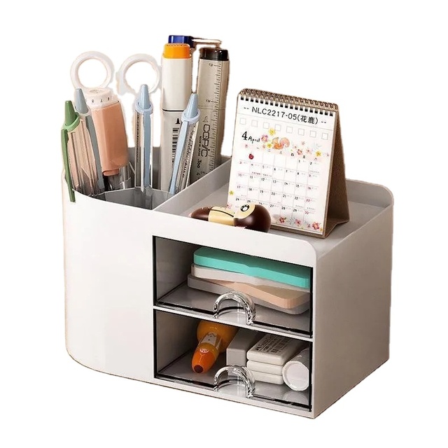 Plastic Desk Organizer Cute Bear Cartoon Egg Shape Pencil Holder Multifunctional Desktop Stationery Pen Holder Box with Drawer
