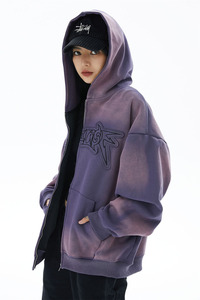 Sweat à capuche unisexe tendance Hip-Hop vintage, dégradé teinté, broderie patchwork, doublure en tissu éponge, écologique et respirant, idéal pour l'automne - Product Image 5