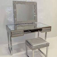 Ensemble coiffeuse de luxe moderne en chêne argenté avec miroir éclairé réglable et tabouret, idéal pour appartement et usage domestique, en bois