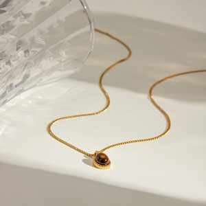 Collier pendentif ovale en acier inoxydable avec œil de tigre, chaîne dorée, serti clos, bijoux pour femmes, colliers tendance - Product Image 3