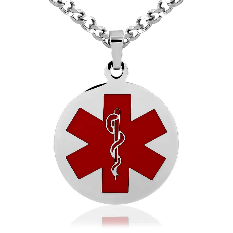 Kalung liontin baja titanium pria dan wanita, Kalung dengan simbol ID alarm medis lingkaran Baja tahan karat