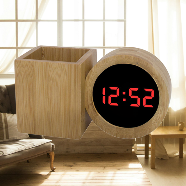 Wooden Pen Holder Alarm Clock Desktop Home Living Room Voice Control Stylish Led Wood Penstudent Digital Mute Clock