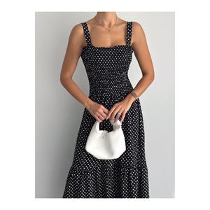 Women's Black Polka Dot Long <b>Dress</b> <b>Elastic</b> Waist Spaghetti Strap Modest Casual Wear - Product Image 3