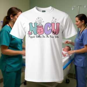 Maglietta per infermiere di terapia intensiva neonatale con bottiglie Nicu Poppin per il nuovo anno - Product Image 3