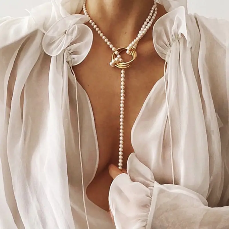 Fashion Vintage Pearl Necklaces For Women Multi-layer Shell Knot Pearl Chain Necklace Cross Choker Jewelry