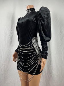 NOVANCE Y2317-B 2022 Abito di Lusso Primaverile con Cristalli Scintillanti, Vestito Elegante a Collo Alto con Perline, Abito da Club Nero - Product Image 4