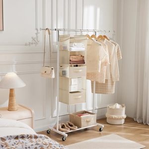 5 Tier Hanging Closet Organizer Beige Foldable Storage <b>Shelf</b> With <b>Hooks</b> For Bedroom Neatening - Product Image 2