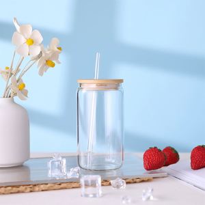 Vaso Mason de borosilicato moderno de 12oz y 16oz con degradado esmerilado para sublimación, en forma de lata de cerveza, con tapa de bambú y pajita - Product Image 4