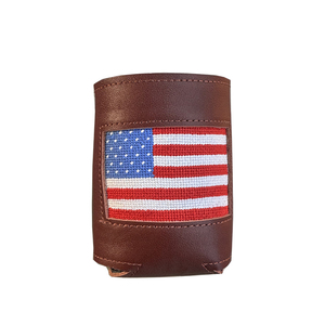 Amerikan bayraklı sığır derisi iğne işi desenli, hakiki deri, el dikişli, yalıtımlı bira soğutucusu, dış mekan tatilleri için. - Product Image 1