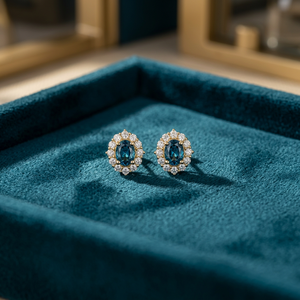 Boucles d'oreilles ovales en saphir bleu avec halo – Or 14 carats avec diamants certifiés – Fabricant de bijoux fins par Heerak Diamonds - Product Image 4