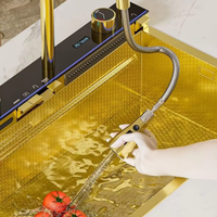 Évier de cuisine multifonctionnel en acier inoxydable 304 doré de luxe, fait main, avec cascade LED et robinet à 7 touches