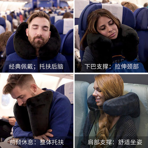 Almohada de viaje en forma de U, inflable, con capucha, de terciopelo, con soporte para el cuello, para avión, coche, descanso de larga distancia - Product Image 2