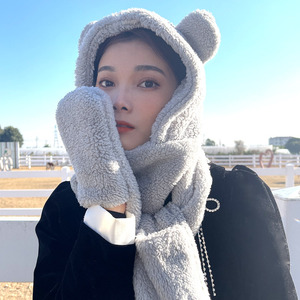 Ensemble chapeau, écharpe et gants en peluche, 3 pièces, cache-cou chaud d'hiver pour femmes et hommes, kaki, blanc, beige, fibre acrylique - Product Image 2