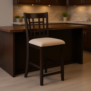 Sgabello alto con schienale a reticolo color marrone chiaro ed espresso per arredamento sala da pranzo - Product Image 2