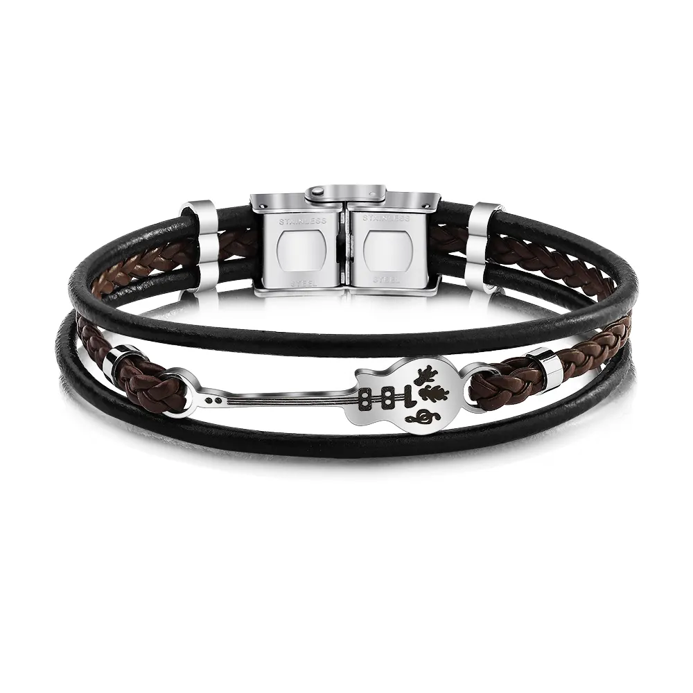 Customized Stainless Steel Multilayer Guitar Charm Men's Punk Wrap Name Leather Bracelet