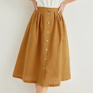 2025 Spring Ladies Custom Elegant a Line Ruffle Cotton Linen Swing <strong>Midi</strong> <strong>Skirts</strong> for <strong>Women</strong> - Product Image 1