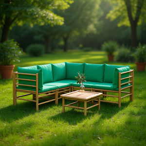 Ensemble de salon de jardin en bambou avec coussins verts, 6 places, mobilier d'extérieur au design élégant, résistant aux intempéries - Product Image 2