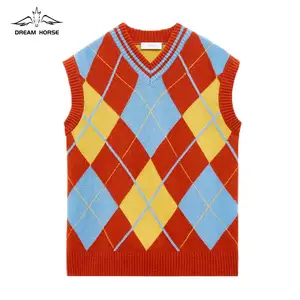 AiNear Wholesale Custom Logo Design Oem Odm Manufacturer Sleeveless V Neck Argyle Jacquard Men's Wool Knitted Vest Sweater