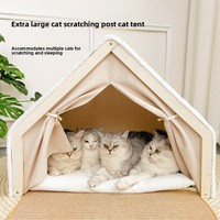 Lit pour chat en structure bois professionnelle, durable, avec toit en fibres de sisal, griffoir semi-fermé, pour toutes les saisons