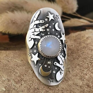 Anillo de Cóctel H183 con Piedra Lunar, Engaste de Bisel, Patrón de Constelación, Anillos de Moda Unisex, Joyería de Regalo - Product Image 6