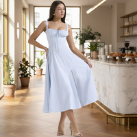 Gaun Fashion Mewah Gaya Prancis Model Empire Waist Berdetail Tali, Kerah Mandarin, Anti-Statik, Kasual Elegan Musim Panas Terlaris 2026