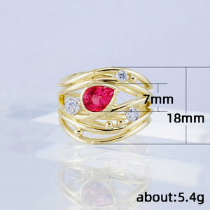 Anello da donna in rame con zirconi cubici a forma di pera rossa, geometrico, multilinea, gioiello alla moda - Product Image 2