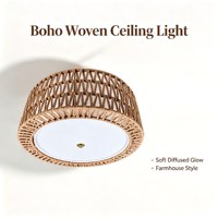Plafonnier rond en rotin tressé fait main, style bohème, éclairage chaleureux, lampe d'entrée de style farmhouse