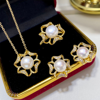 Ensemble de bijoux de perles d'eau douce en forme de bouton fait à la main pour femmes, bague et collier