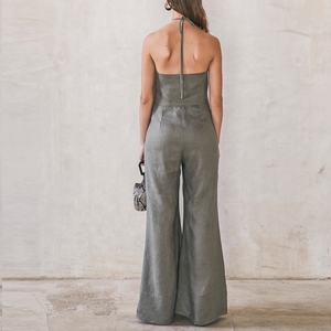 Pantalones largos con cuello redondo de bambú para mujer, <span class=keywords><strong>mono</strong></span> de lino con tirantes finos, 100% de lino - Product Image 3