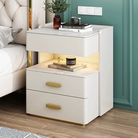 Table de chevet intelligente en bois de luxe moderne avec lumière LED, chargeur sans fil, haut-parleurs, tiroir, marbre, mobilier de chambre minimaliste