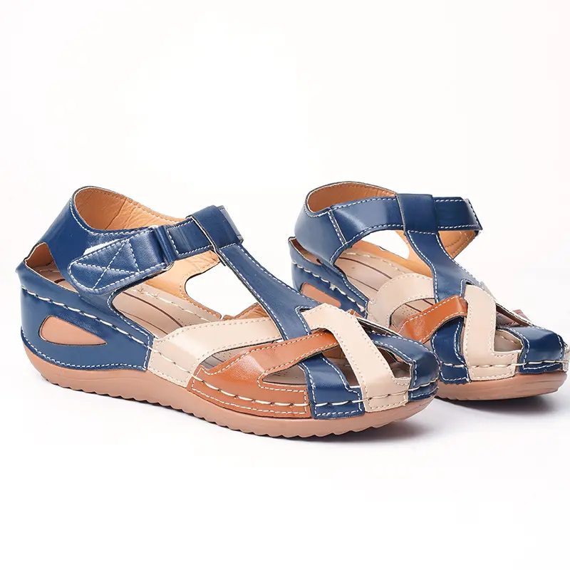 Talla grande 2022 nueva llegada zapatos romanos de punta redonda cuñas azul real tacón de cuña Sandalias cómodas para mujeres y damas